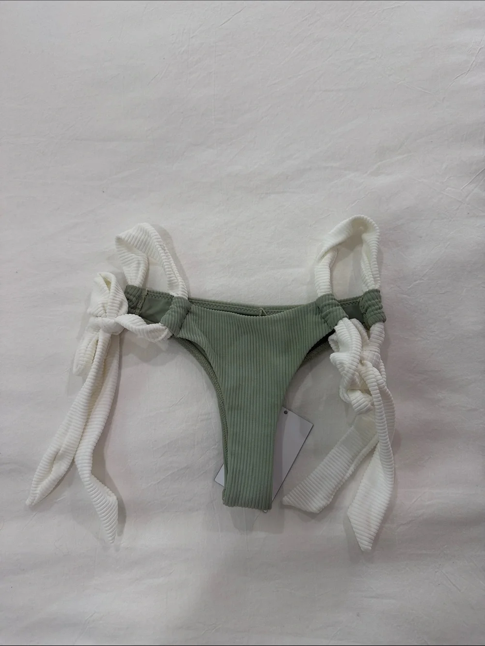 Two-Piece Ribbed Bikini — White Top & Sage Green Bottom